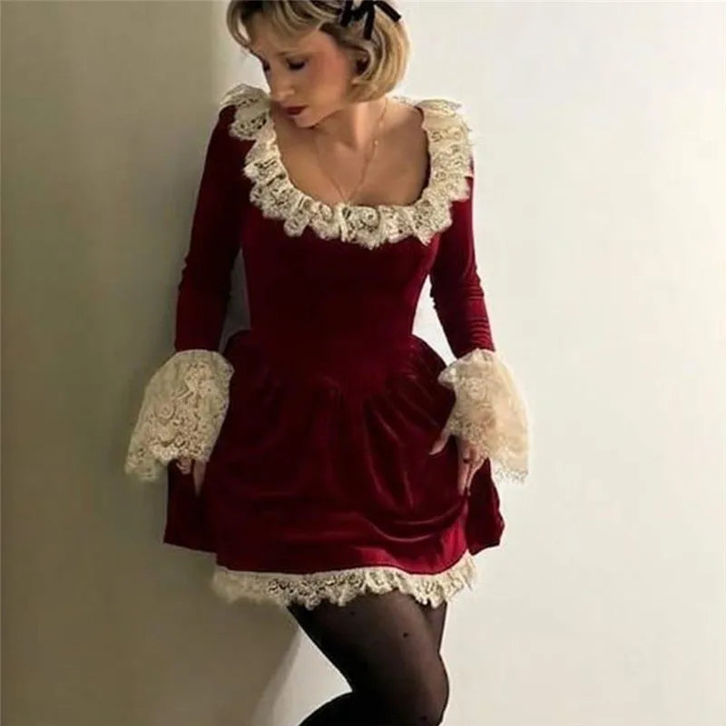 Womens Velvet Lace Mini Dress Square Neck Ruffle Flare Long Sleeve A Line Short Dress Christmas Holiday Party Dress