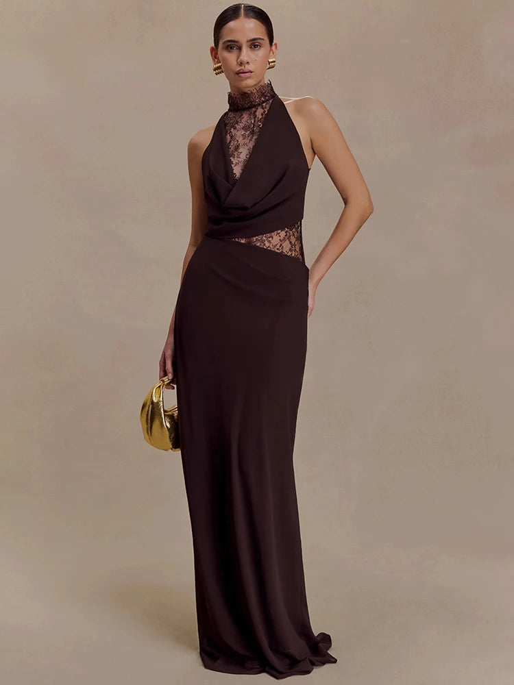 Lace Hollow Out Backless Sexy Maxi Dress Women Gown Elegant Sleeveless High Waist Ruched Bodycon Club Party Long Dress