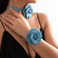 Exaggerated Romantic Blue Denim Big Rose Flower Clavicle Chain Necklace Bracelet for Women Elegant Short Choker Y2K Jewelry Set