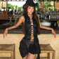 Sexy 2-Piece Set Women Cross Bandage Hollow Lapel Vest+Patchwork Sequin Irregular Folds Tassel Skirt Midnight Suit