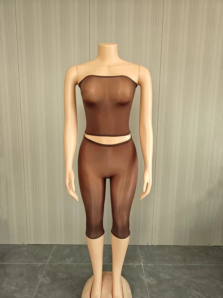 Sexy Fashion 2 Piece Set Woman Mesh See Through Wrap Chest Backless Tank Tops+Skinny Peach Hip Crop Pants Clubwear