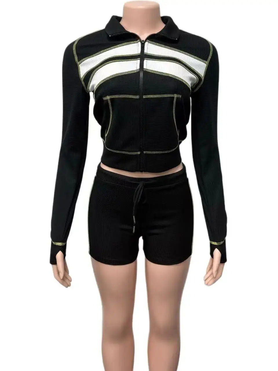 Patchwork Stripes 2-Piece Set Women Tracksuit Zip Crop Jacket+Casual Shorts Elastic Matching Streetw Sporty Outfits