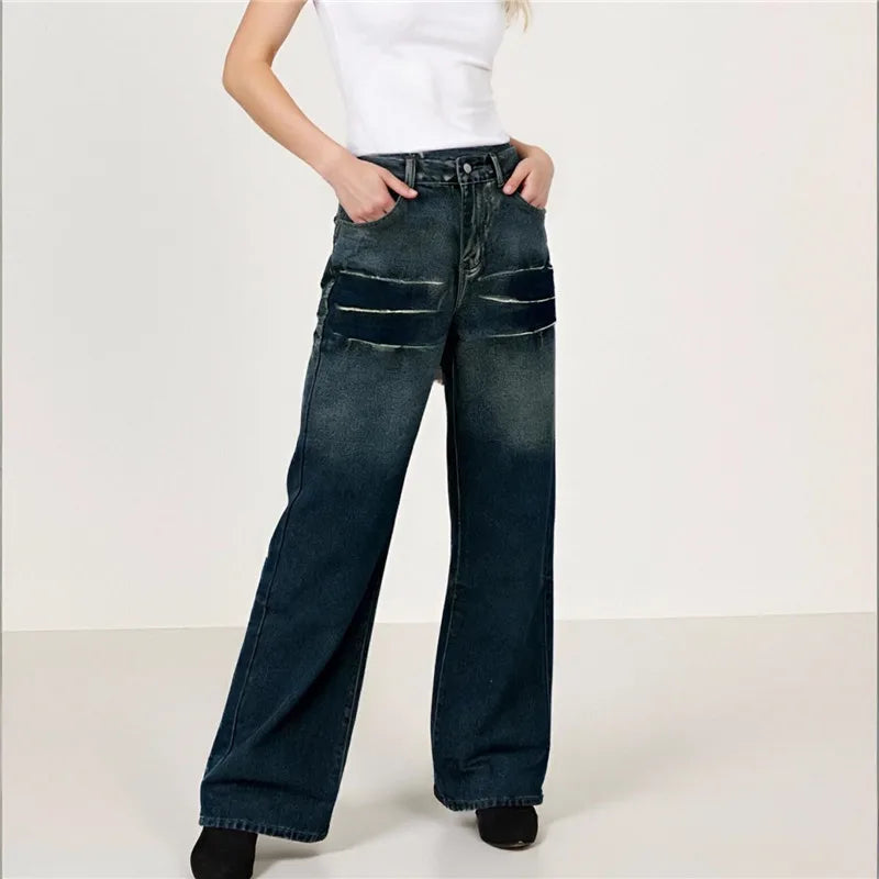 Women Water Washed Denim Pants Low Rise Retro Gradient Loose Straight Leg Jeans with Pockets Vintage Streetwear