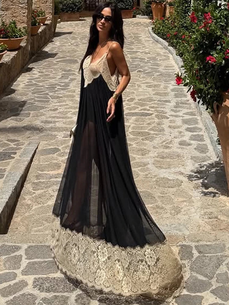 Sexy Jacquard Patchwork Dress Women Fashion See Through Backless Low-Neck Sleeveless Trend Vacation Party Bodyocn