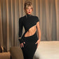 Asymmetrical Cut Out Long Sleeve Maxi Dresses Black Elegant Sexy Celebrity Evening Party Dress for Ladies