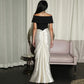 Off Shoulder Pleated Split Long Dresses Satin White and Black Patchwork Elegant Sexy Party Dresses for Woman