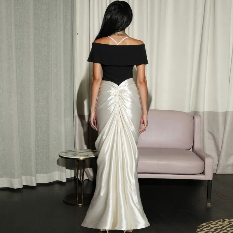 Off Shoulder Pleated Split Long Dresses Satin White and Black Patchwork Elegant Sexy Party Dresses for Woman