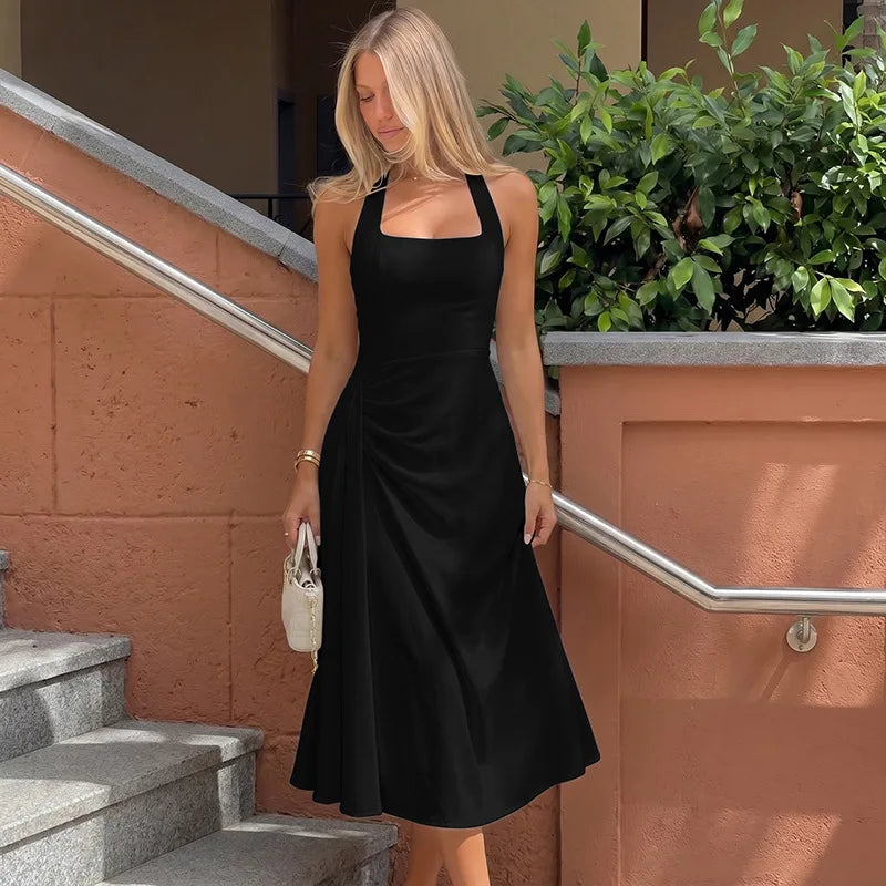 Square Neck Halter Backless Long Dresses Elegant White A Shape Dress Woman Summer Clothing 2026