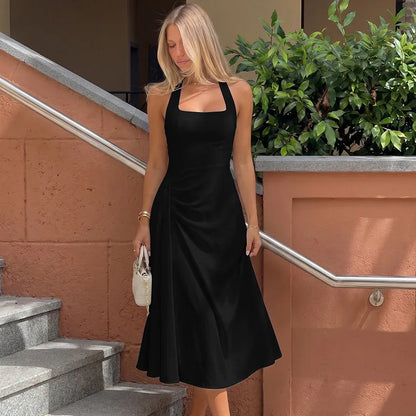 Square Neck Halter Backless Long Dresses Elegant White A Shape Dress Woman Summer Clothing 2026