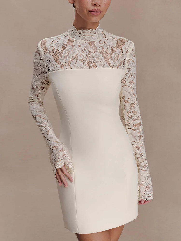 Women Elegant Lace Patchwork Sexy Mini Dress Fashion High Neck Long Flare Sleeve Backless Bodycon Club Party Dresses