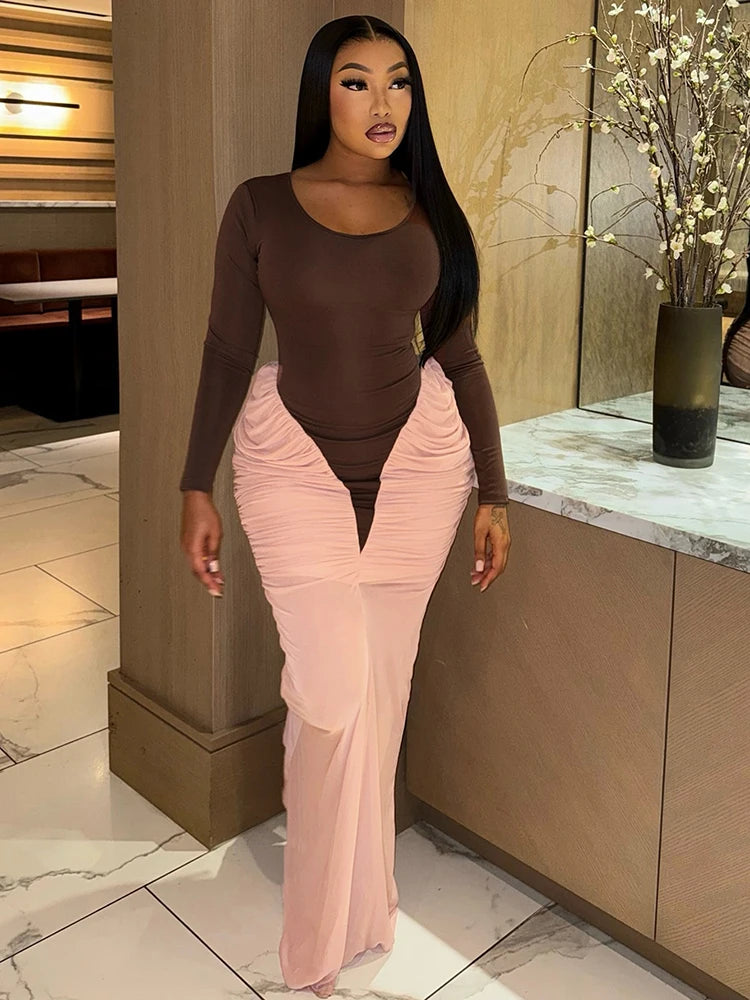 Peach Hip Dress Women Elegant Patchwork Pleat O-Neck Full Sleeve Autumn Trend Classic Sexy Stretch Skinny Maxi Bodycon