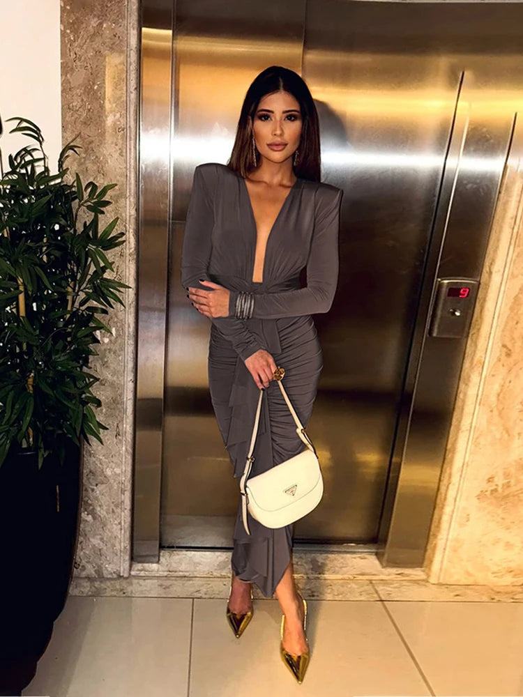 Ruched Ruffles Maxi Dress Deep V-Neck Full Sleeve Elegant Sexy Stretch Skinny Birthday Evening Cocktail Party Bodycon