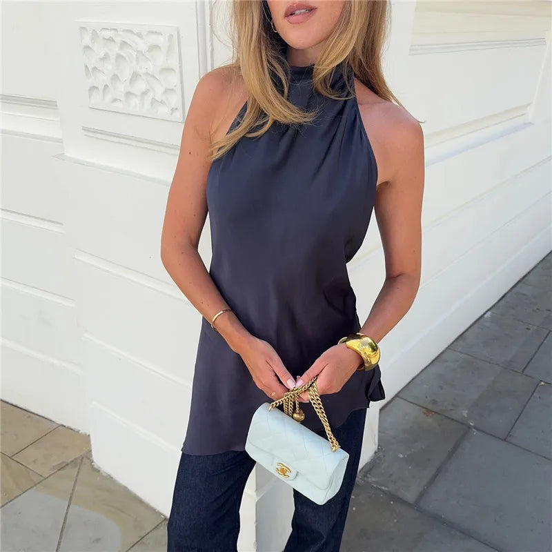 Women Backless Halter Crop Top Solid Color Satin Slip Tank Top Casual Office Ladies Off Shoulder Evening Party Vests