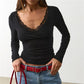 Lace Trim V Neck Wrap Long Sleeve Crop Top Women Slim Ruched Solid Color Basic Layering T Shirt Autumn Going Out Blouse