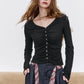 Women's V Neck Long Sleeve Tee with Ruched Front, Black Button Crop Top, Slim Casual Fall Top