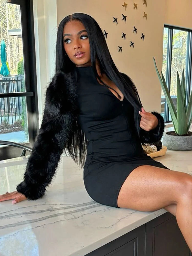 Luxury Zip Dress Women Autumn Trend Stretch Skinny Patchwork Furs Full Sleeve Simple Birthday Party Peach Hip Bodycon