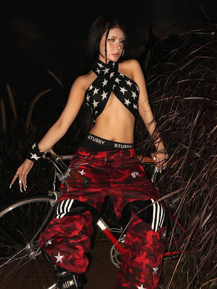 Five Star Print Tank Tops Women Y2K Basic Cross Halter Bandage Backless Sleeveless Streetwear Sexy Club Midnight Vest