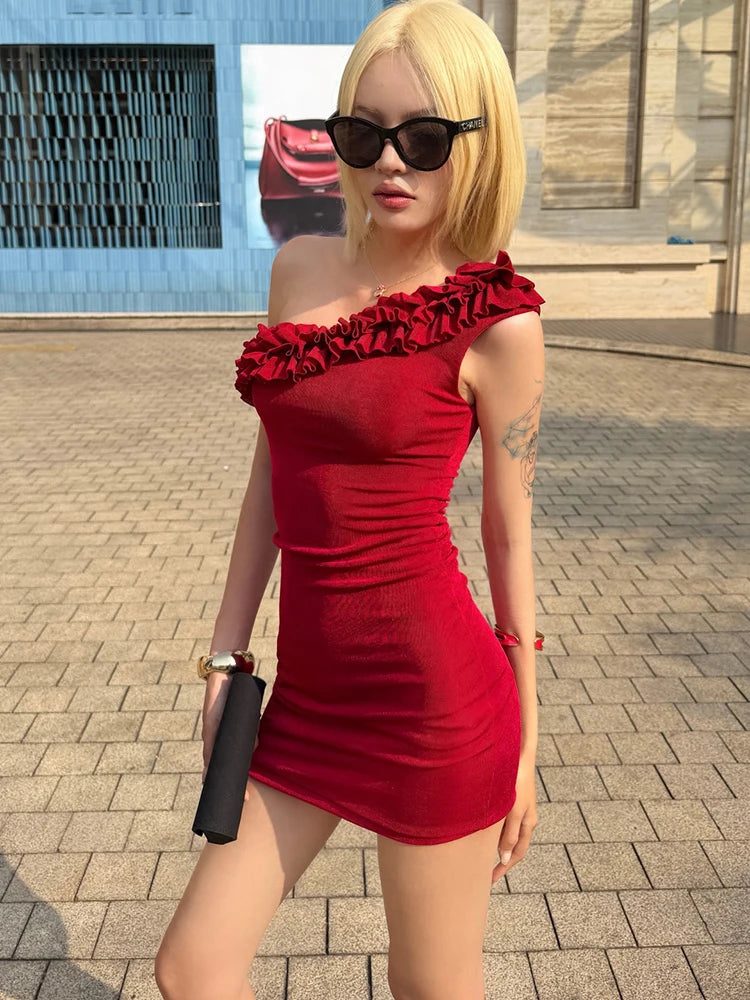 Folds Dress Women Asymmetrical Collar Sleeveless Skinny Summer Fashion Classic Party Sexy Midnight Chic Mini Bodycon
