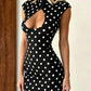 Polka Dot Print Mini Dress Woman Button o-Neck Sexy Hollow Design Short Sleeve Shape Waist Skinny Stretch Bodycon