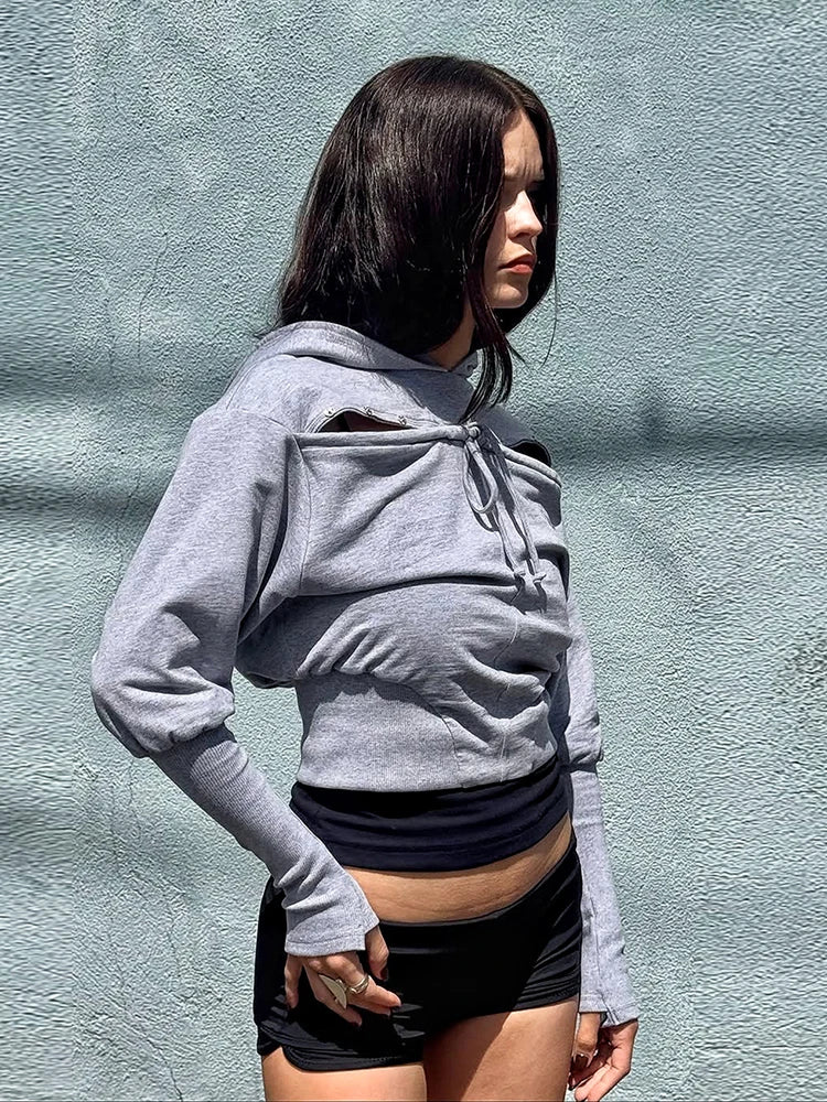 Hooded Crop Tops Women Single-Breasted Bandage Full Sleeve 2026 Autumn Fashion Leisure Comfortable Classic Streetwear