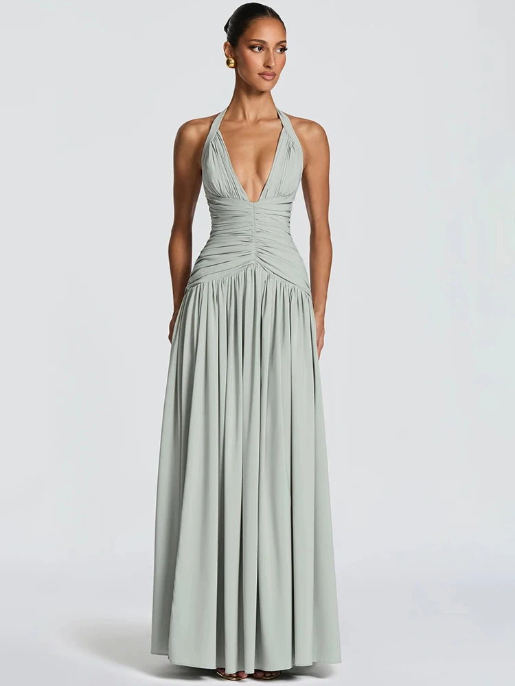 Halter Deep V Neck Sexy Maxi Dress Women Elegant Off-shoulder Sleeveless High Split Pleated Club Party Long Dress