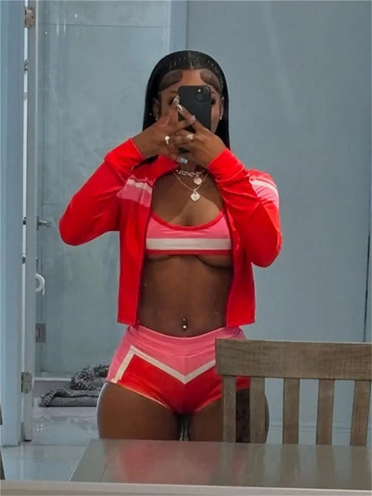 Fashion Patchwork 3 Piece Set Women Cardigan Full Sleeve Jacket+Crop Tops+Skinny Shorts Hot Girls Sexy Bikini Sets