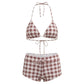 Women's 2 Piece Bikini Set Fashion Plaid Print Sleeveless Halter Neck Triangle Tops and Low Waist Boyshorts Bathing Suit