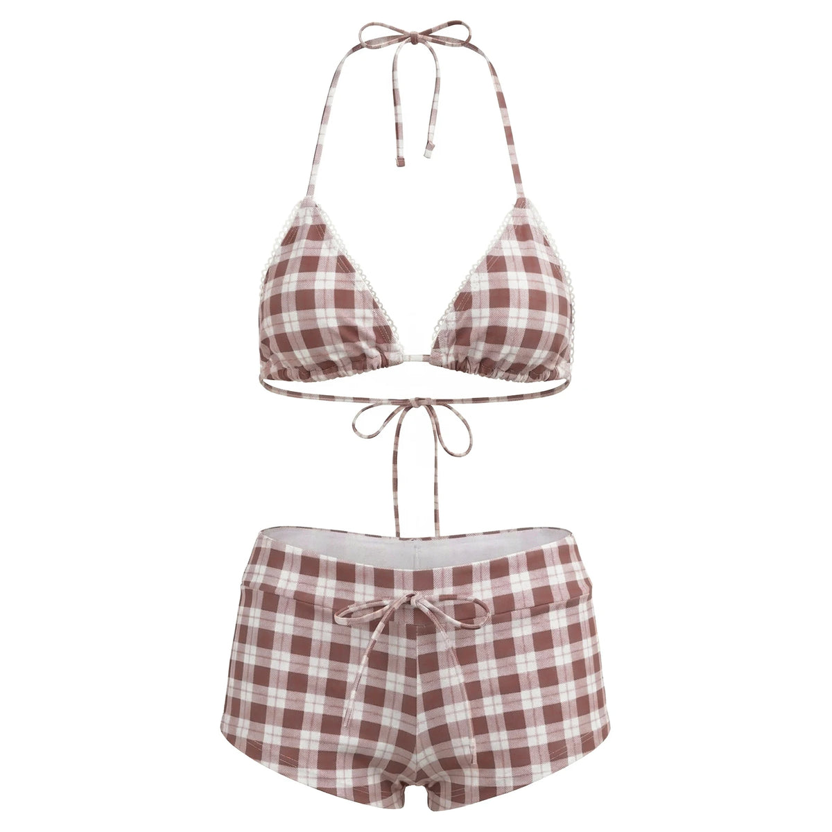Women's 2 Piece Bikini Set Fashion Plaid Print Sleeveless Halter Neck Triangle Tops and Low Waist Boyshorts Bathing Suit