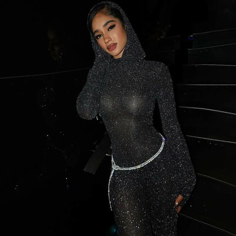 Hooded Jumpsuit Black Sparkly See Through Nightclub Baddie Outfits for Woman Sexy Winter Wear for Ladies