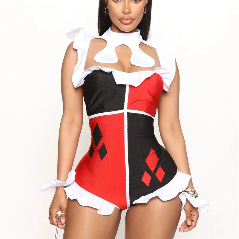 Women Clown Cosplay Bodysuit Sleeveless Ruffle Diamond Print Hollow Neck Jumpsuit Carnival Fancy Party Costume