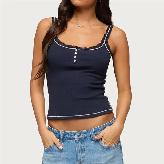 Coquette Lace Trim Camisole Women Ribbed Knit Henley Button Front Sleeveless Slim Fit Y2K Going Out Tank Top
