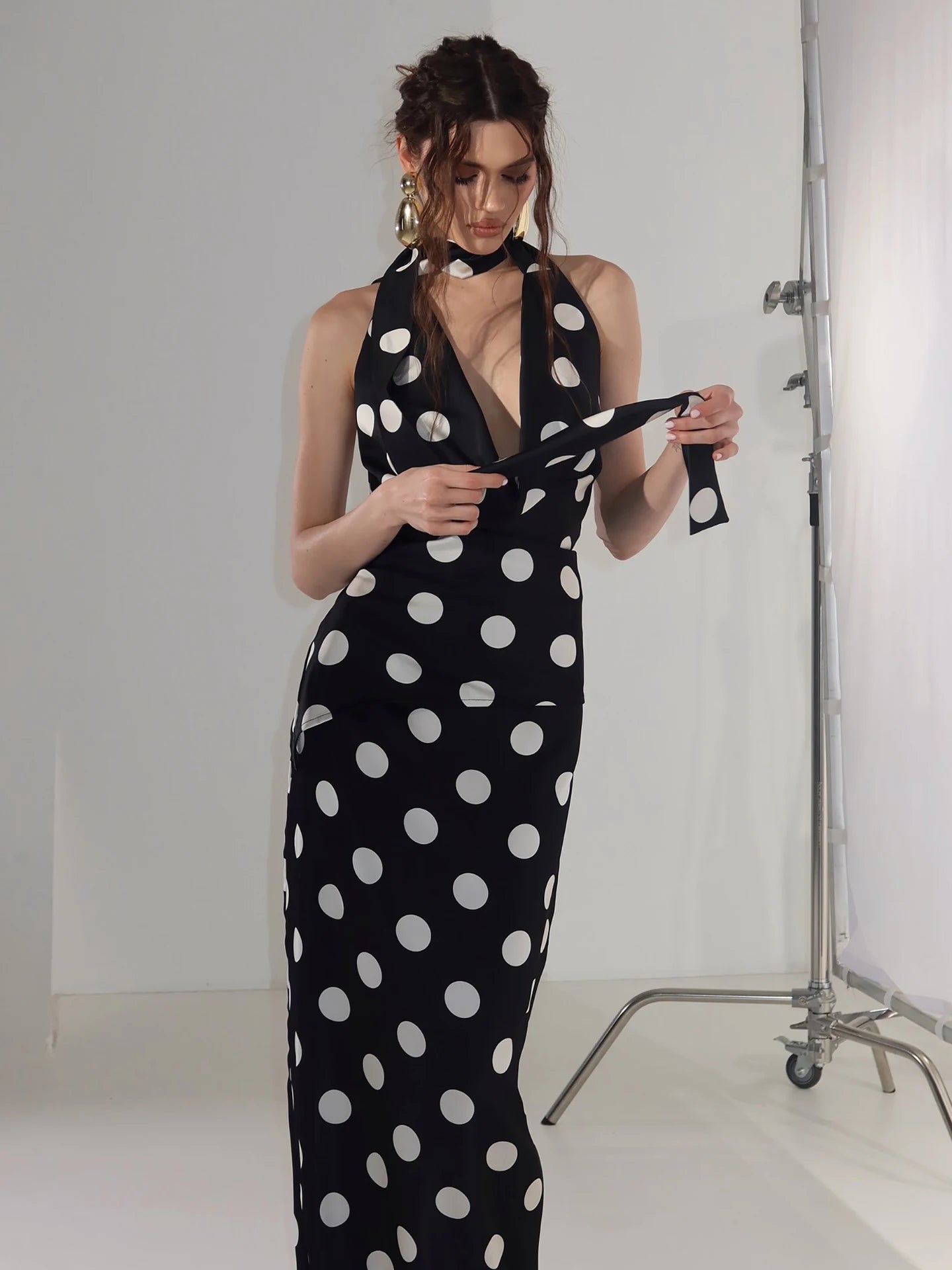 Elegant Polka Dot Print 2 Piece Set Women Sexy Halter Backless Swing Collar Bandages Tank Top+Skirt Chic Party Suits