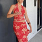 Halter Deep V Neck Ruffled Sexy Maxi Dress For Women Fashion Sleeveless Backless High Waist Bodycon Club Printed Dress
