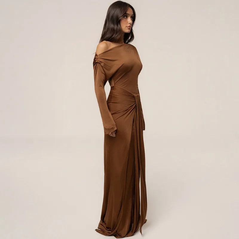 One Shoulder Draped Front Long Sleeve Maxi Dress Burgundy Evening Party Dresses Woman Elegant Fall 2026