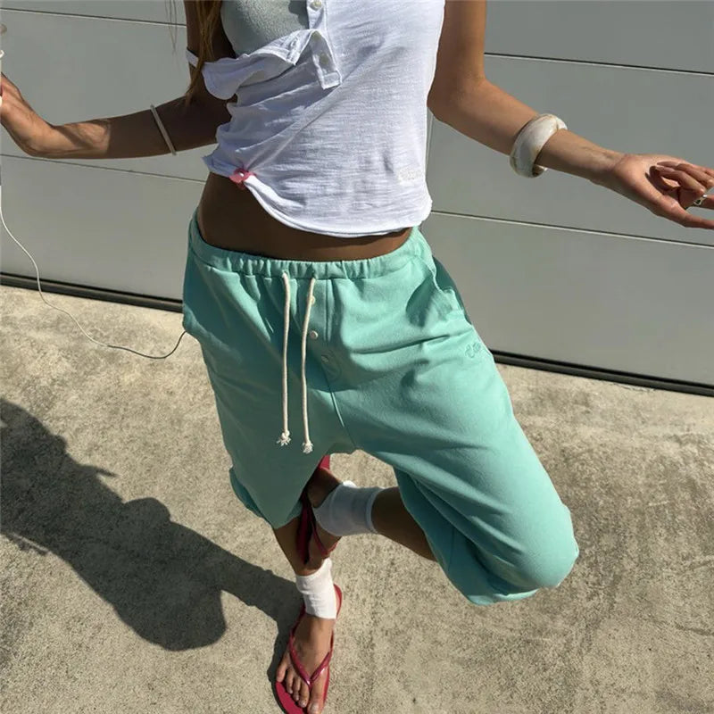 Women Casual Daily Capri Sweatpants Soft Fabric Drawstring Waist Button Front Baggy Cropped Trousers Street Lounge Wear