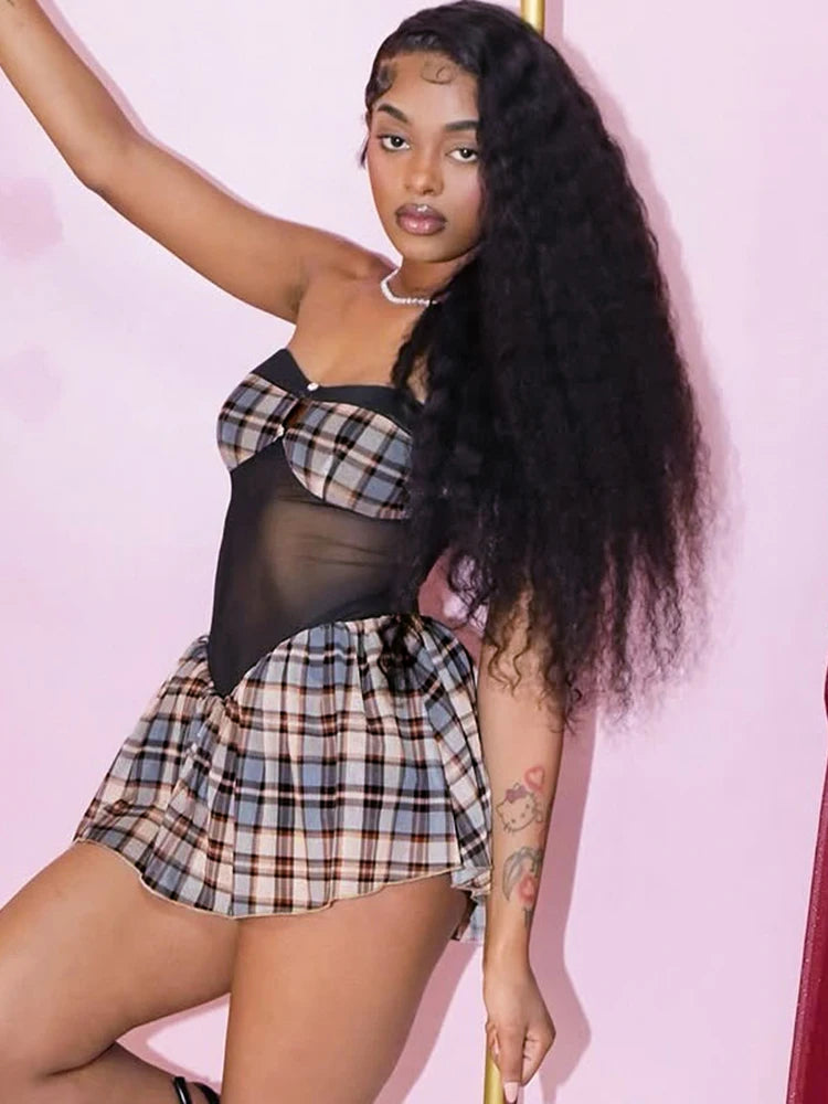 Mesh Patchwork Strapless Dress Women Plaid Print Off Shoulder Backless Hottie Street Fashion Wild Style Mini Bodycon