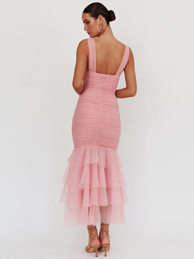 Mesh Backless Sexy Maxi Dress For Women Gown Two Layer Spaghetti Strap Sleeveless Ruched Bodycon Club Party Dress
