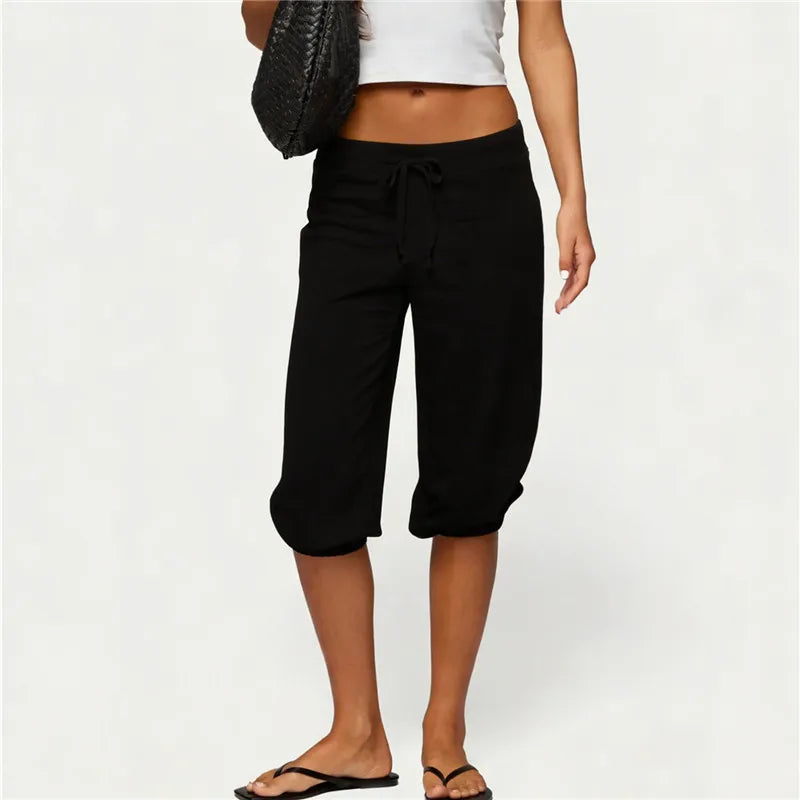 Women Low Waist Drawstring Capri Sweatpants Loose 3/4 Length Cropped Casual Pants Y2K Streetwear Daily Loungewear
