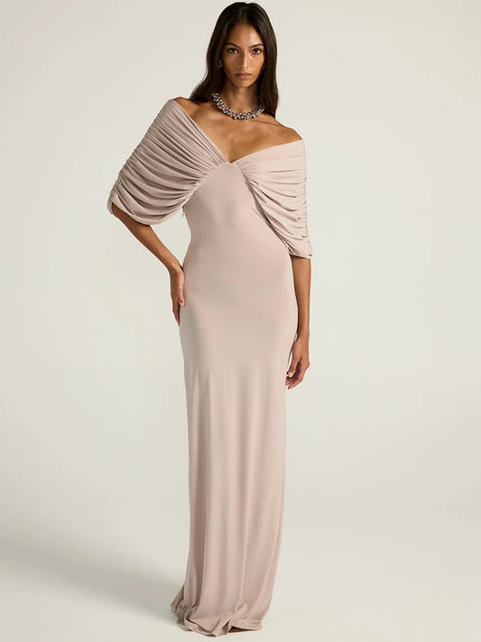 Women Off-shoulder Ruched Sexy Maxi Dress Elegant Deep V Neck Draped Sleeve Bodycon Club Party Long Dresses Female