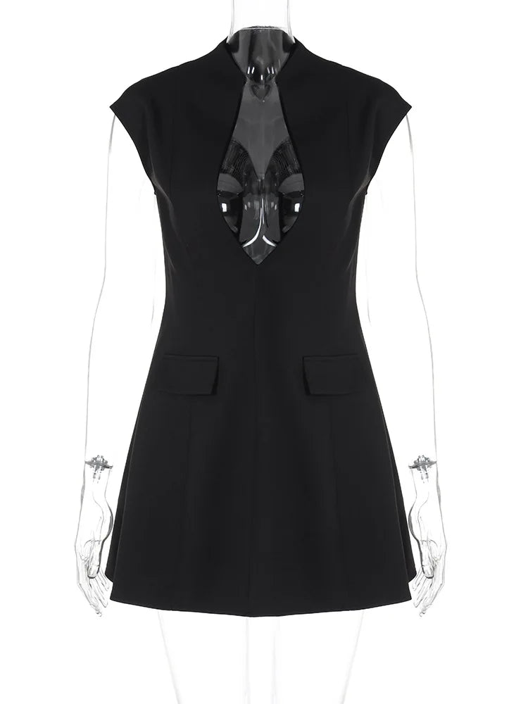 Black Sleeveless Sexy Mini Dress For Women Fashion Zipper Deep V Neck Two Pocket A-line Night Club Party Dress Elegant