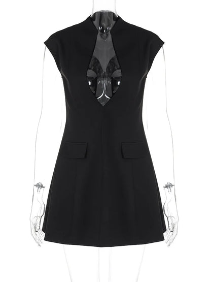 Black Sleeveless Sexy Mini Dress For Women Fashion Zipper Deep V Neck Two Pocket A-line Night Club Party Dress Elegant
