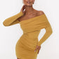 Women Off Shoulder Long Sleeve Bodycon Mini Dress Ruched Wrap Waist Pencil Short Dress Elegant Night Club Party Outfits