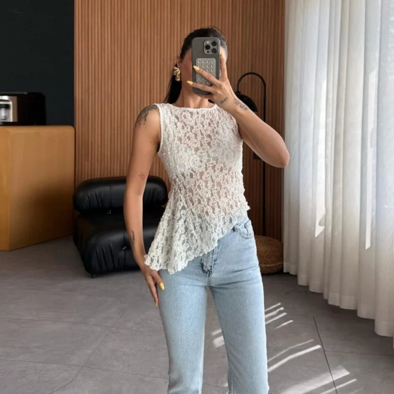 Sleeveless Asymmetrical Tops for Woman Clothing Sexy Summer See Through Lace Shirts & Blouses