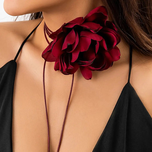 Exaggerated Big Rose Flower Choker Necklace for Women Wed Bridal Goth Kpop Adjustable Bowknot Chain Y2K Accessories New