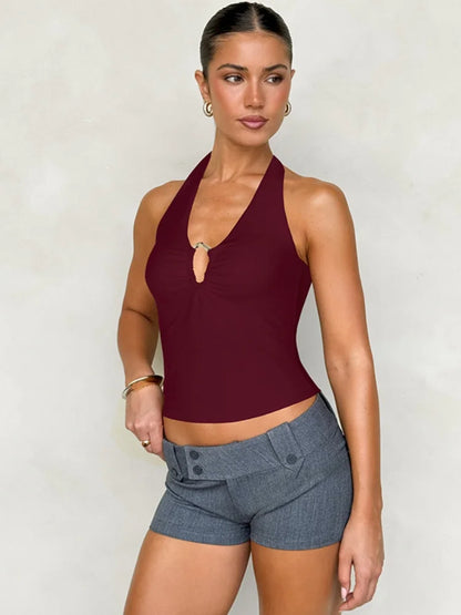Hardwear Detail Hollow Halter Crop Tops 2025 Summer Woman Clothes Fashion Sexy Backless Tank Top