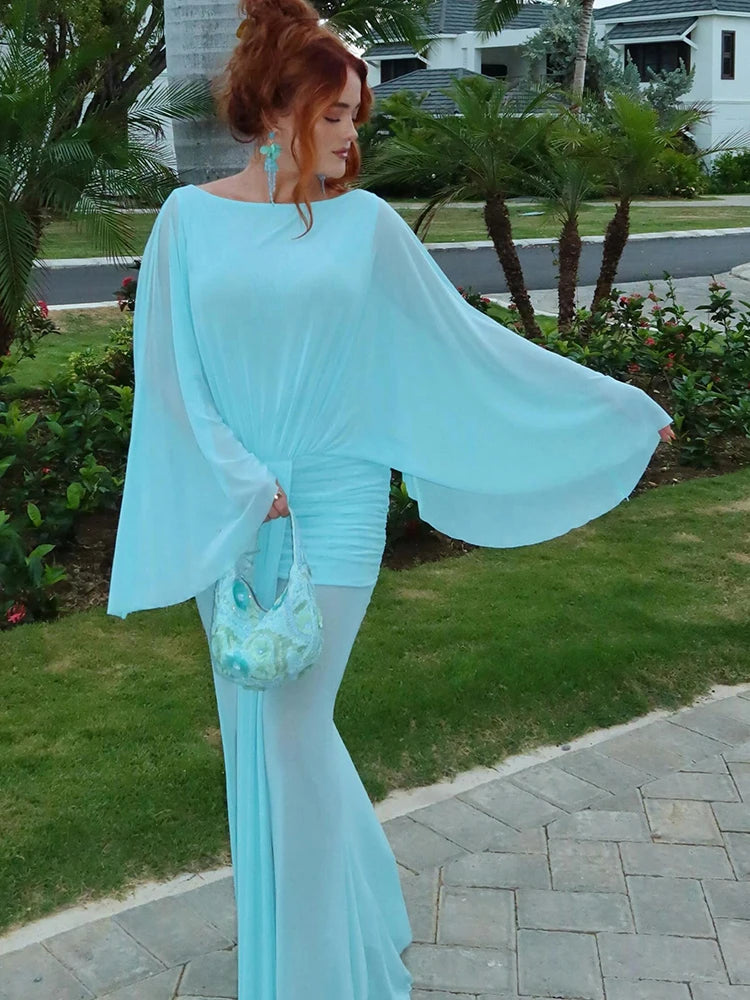 Ruched Elegant Long Dress Woman Autumn Trend Sexy See Through o-Neck Backless Batwing Sleeve Beach Style Vestidos