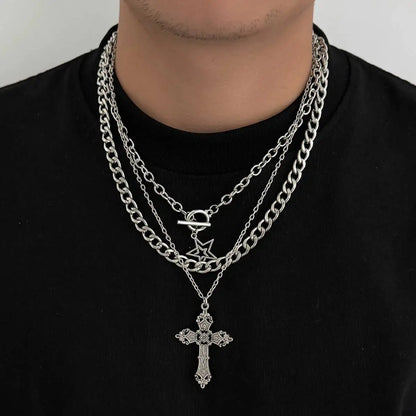3 Pcs/Set Hip Hop Punk Silver Color Cross Star Pendant Necklace Men Kpop Creative OT Buckle Chain Necklace Daily Jewelry