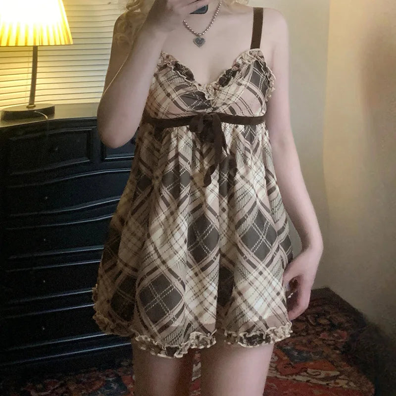 Brown Plaid Tank Tops for Women Gyaru Japanese 2000s Y2k Summer Bow Frill V Neck Backless Top Cute Clothing