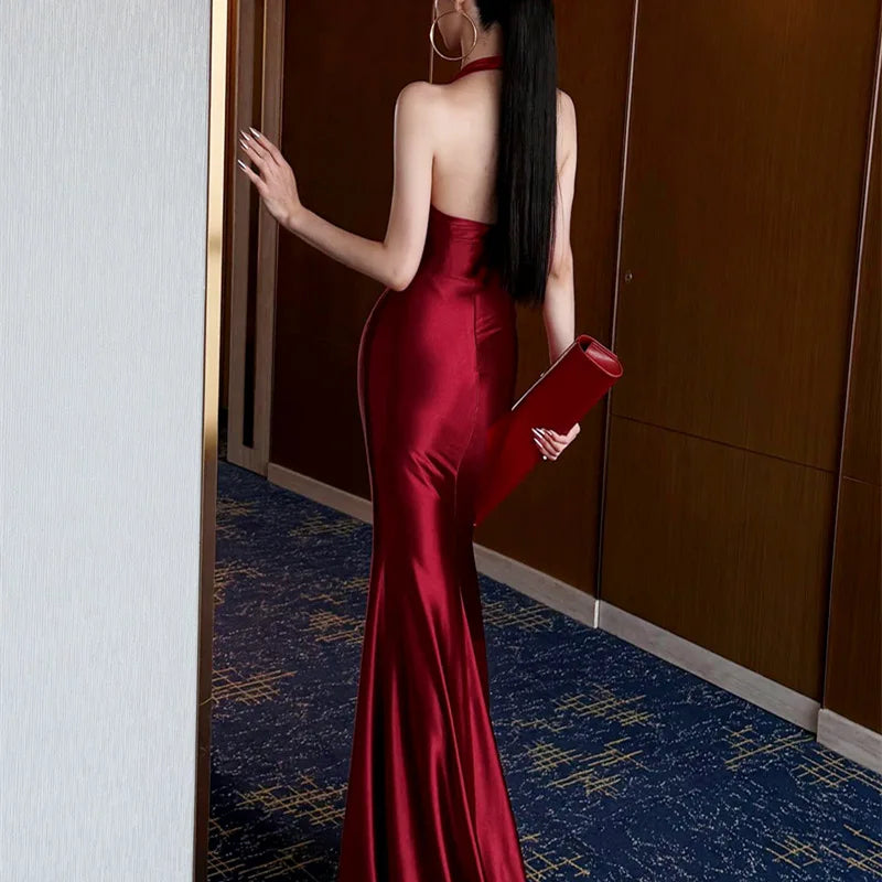 Woman Evening Dresses 2026 Luxury Elegant Sexy Satin Halter Neck Backless Maxi Dress