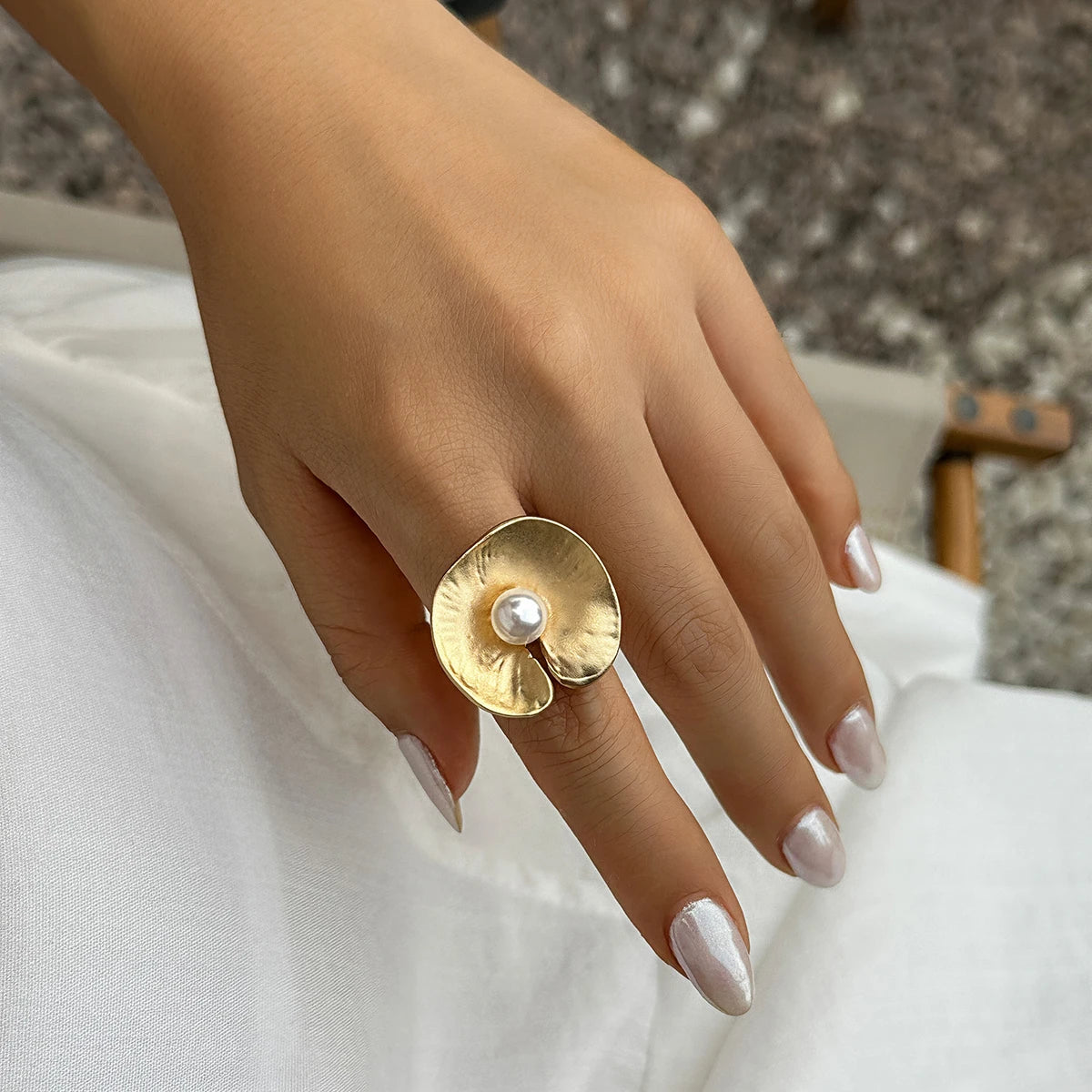 2Pcs Punk Creative Imitation Pearl Lotus Leaves Open Rings Set for Women Goth Gold Color Geometric Finger Ring Wed Accessories